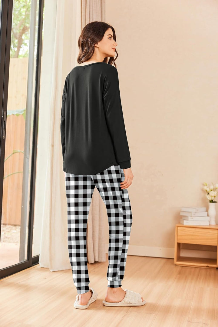 Ekouaer Schlafanzug Damen Lang Zweiteiler Pyjama Langarm Warm Pyjama Set Weich Nachtwäsche Kariert,