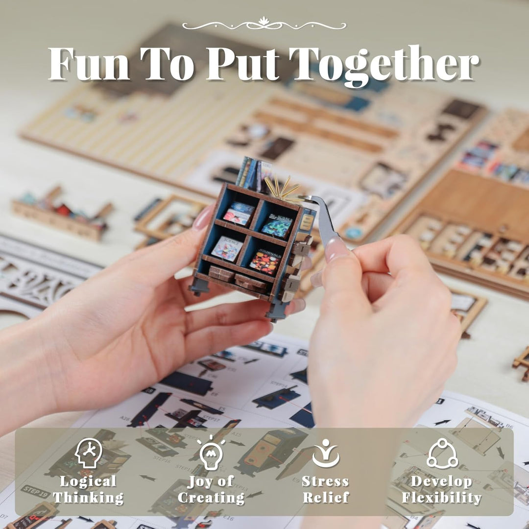 CUTEBEE DIY Book Nook – Kunstvolles DIY Puppenhaus, Miniatur-Welt selbst Bauen mit LED-Beleuchtung |