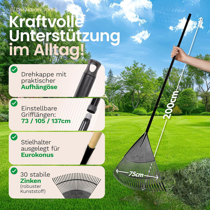 Novatool 2X Laubbesen mit 4tlg Steck- & Schraubstiel, Laubfeger mit 30 Kunststoff-Zinken, Rechen Arb