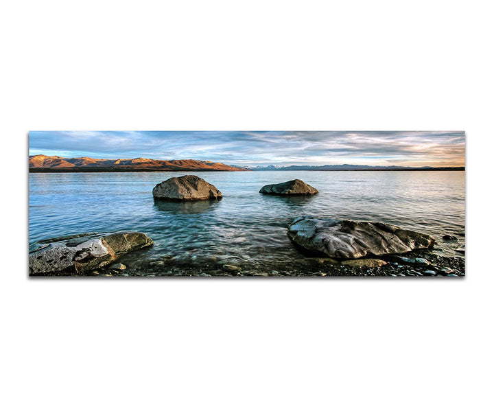 Paul Sinus Art Panoramabild auf Leinwand und Keilrahmen 150x50cm Neuseeland Wasser Felsen Wolkenhimm