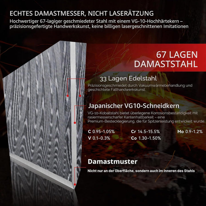 Küchenmesser, Japanisches Damastmesser 67-Lagig VG10 Hochkohlestahl, Ergonomischer Holz-Griff, Gesch