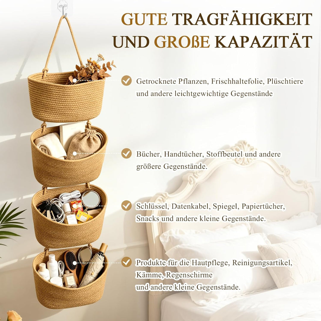 Tür Organizer hängend 4-stöckig, Khaki | Hängekorb aus Baumwollseil, Mit 4 Haken ohne Bohren, 2 vers