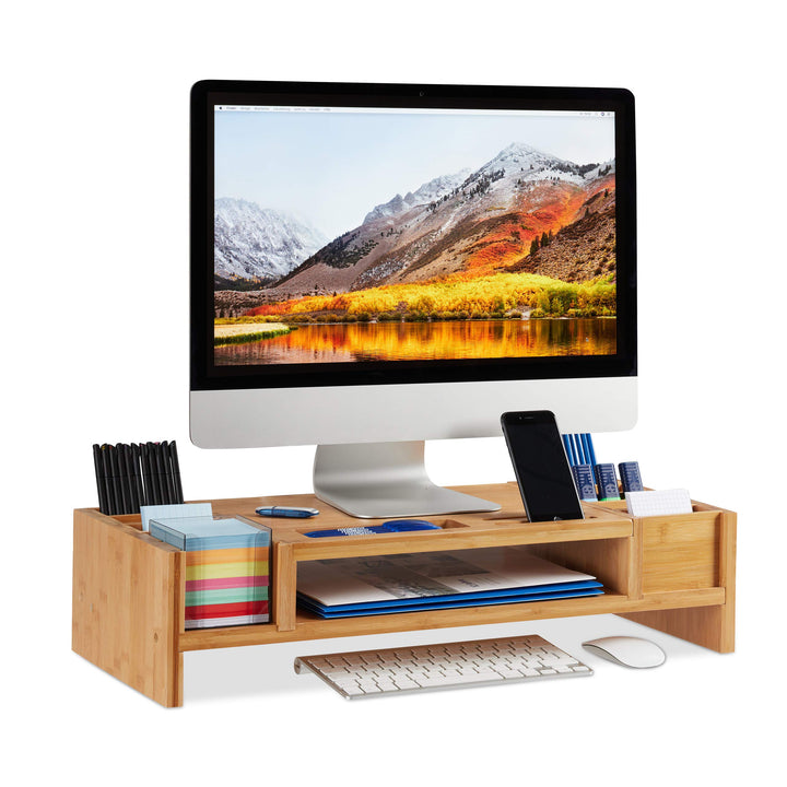 Relaxdays Monitorständer, Bildschirmständer aus Bambus, 14 Fächer, ergonomischer Monitorerhöher, HBT