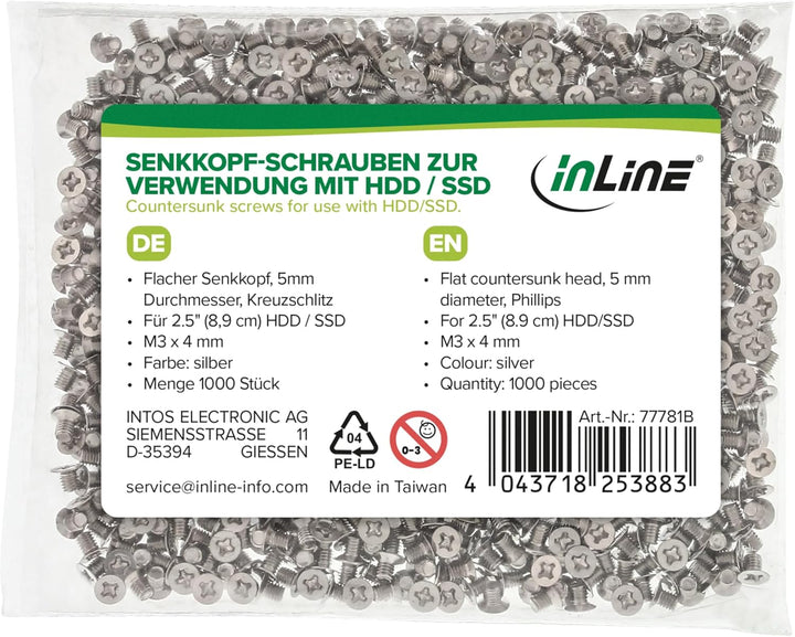 InLine 77781B 1000er Pack Schraubenset, für 2,5" Festplatte / SSD, 3mm, flacher Senkkopf, silber