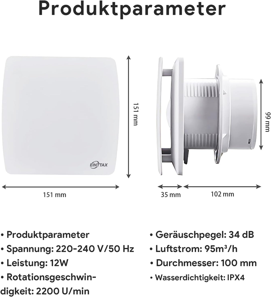 Badlüfter 100mm, ≤34db Leiser und Leistungsstarker Abluftventilator, 12W 95m³/h IPX4 Wandventilator