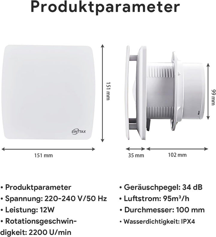 Badlüfter 100mm, ≤34db Leiser und Leistungsstarker Abluftventilator, 12W 95m³/h IPX4 Wandventilator