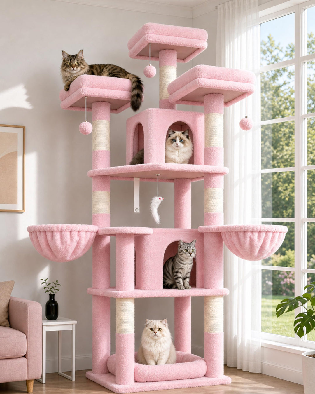 Globlazer Kratzbaum Rosa Stabil 174 cm mit 3 Gepolsterte Sitzstangen, 2 Katzenhaus, 2 Korb, Abnehmba