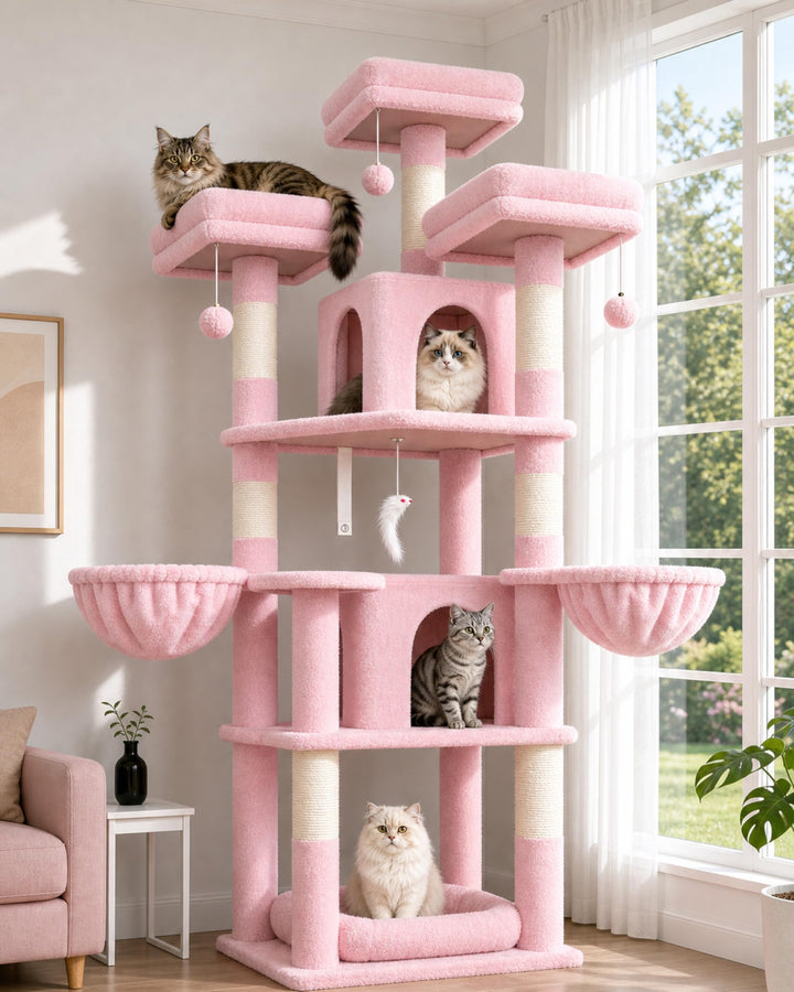Globlazer Kratzbaum Rosa Stabil 174 cm mit 3 Gepolsterte Sitzstangen, 2 Katzenhaus, 2 Korb, Abnehmba