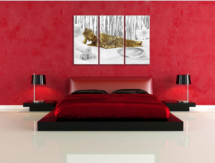 Pixxprint Goldener Buddha auf Handtuch als Leinwandbild/Grösse: 3 Teilig (120x80) cm/Wandbild/Kunstd