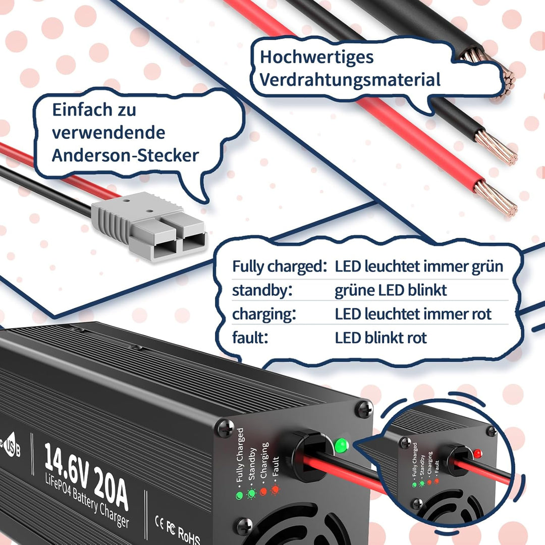 Timeusb LiFePO4 ladegerät 14,6V 20A Batterieladegerät 12V für Lithium-Eisenphosphat-Batterie, Schnel