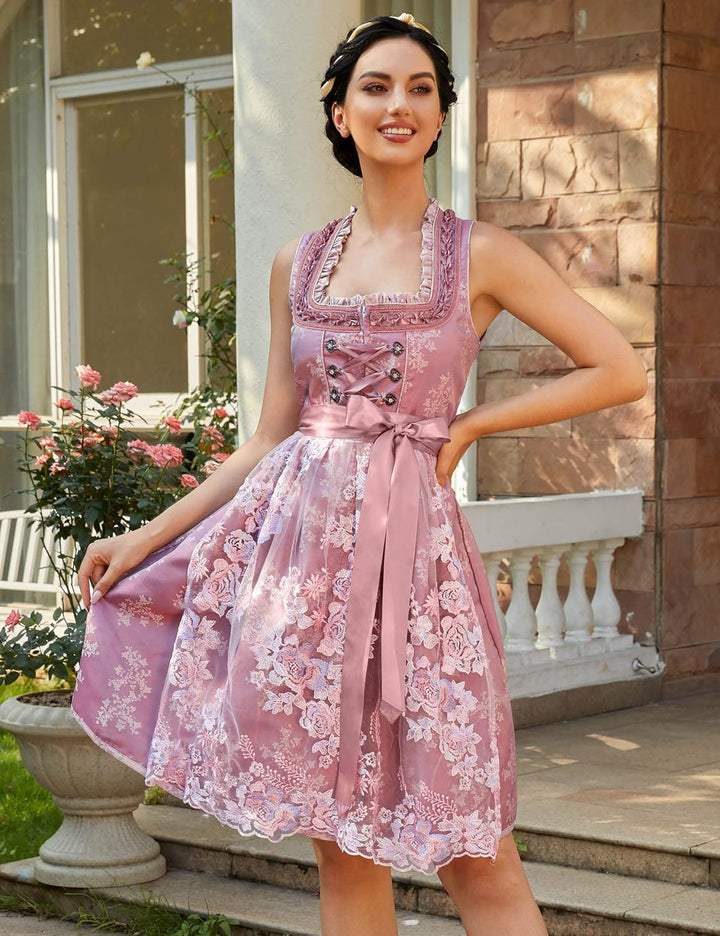 KOJOOIN Trachtenkleid Dirndl Kurz Damen Mid mit Spitzenschürze 2tlg. für Oktoberfest von Gr 34 bis 4