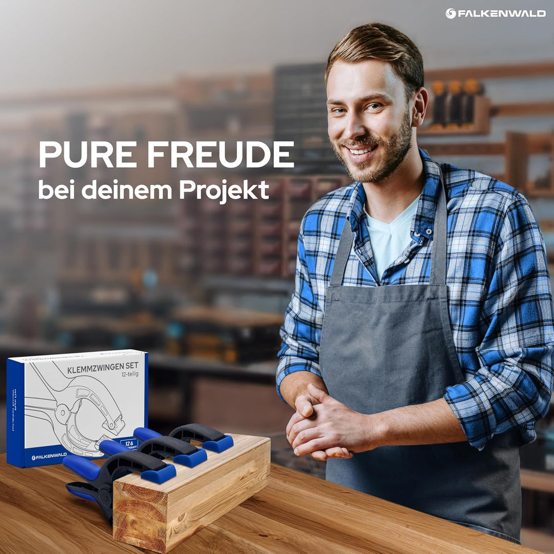 Falkenwald® Klemmzwingen 12er Set für Leimen, Pool, Fotografie mit grosser Spannweite - Klemmzwinge