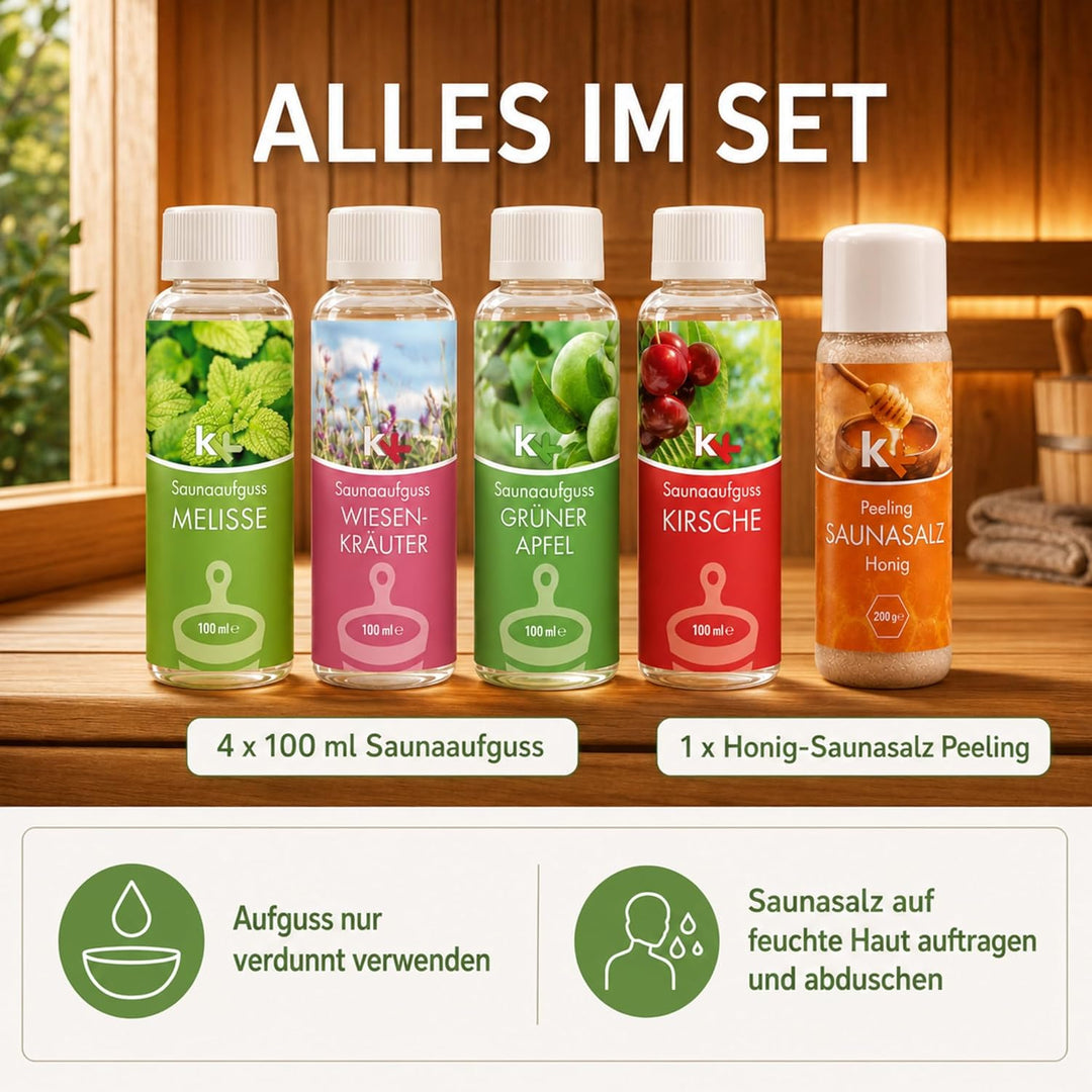 KK Sauna -Set mit Salz Peeling | KK Saunaaufgussset"Altes Land" 4 x 100 ml + 200 g KK Saunasalz"Honi