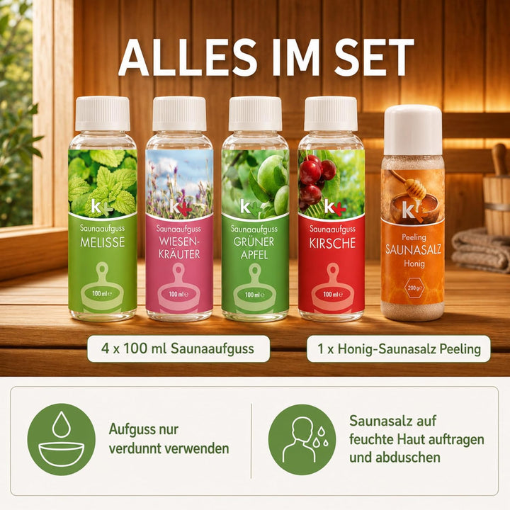 KK Sauna -Set mit Salz Peeling | KK Saunaaufgussset"Altes Land" 4 x 100 ml + 200 g KK Saunasalz"Honi