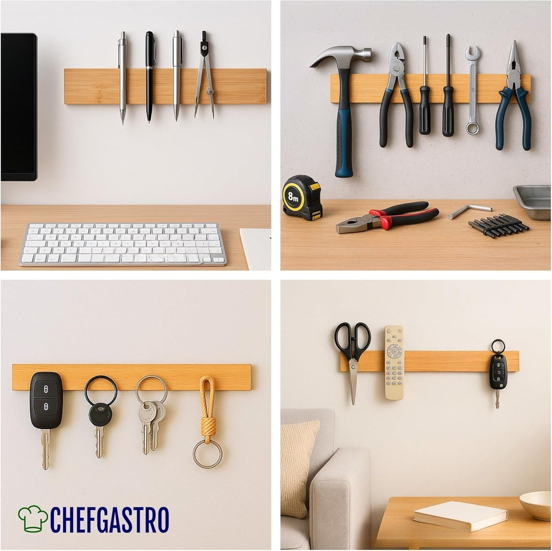 CHEFGASTRO Magnetleiste magnetische Messerleiste Messerhalter aus Bambus, 6,2x40x2,1cm, mit 3 silber