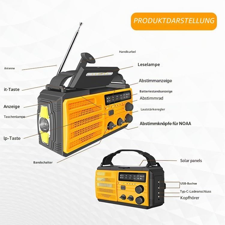 Solar Kurbelradio AM/FM Solar Radio Tragbar Notfallradio mit 8000mAh Wiederaufladbare Batterie, Led