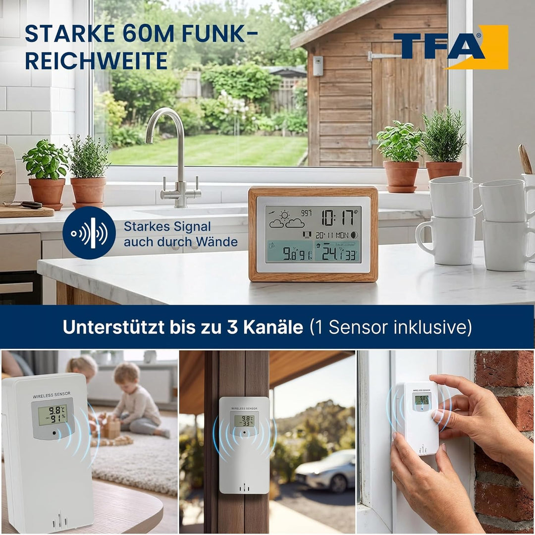 TFA Dostmann Funk-Wetterstation mit Aussensensor OAK, 35.1167.54, Wettervorhersage, mit Holz-Rahmen,