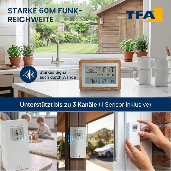 TFA Dostmann Funk-Wetterstation mit Aussensensor OAK, 35.1167.54, Wettervorhersage, mit Holz-Rahmen,