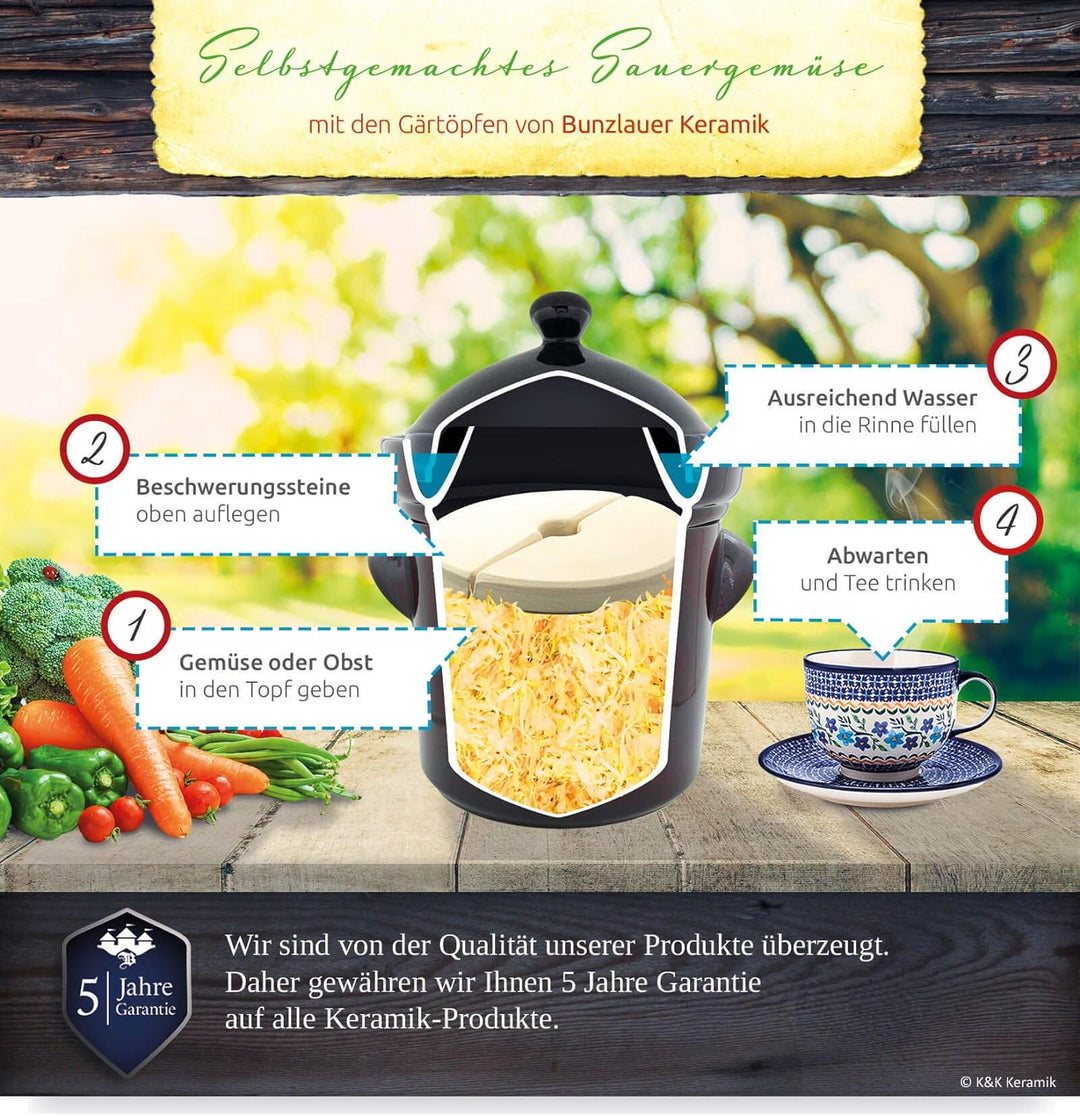 Boleslawiec Gärtopf aus Steinzeug mit Deckel u. Wasserrinne | 10 Liter | braun | Sauerkrauttopf Gurk