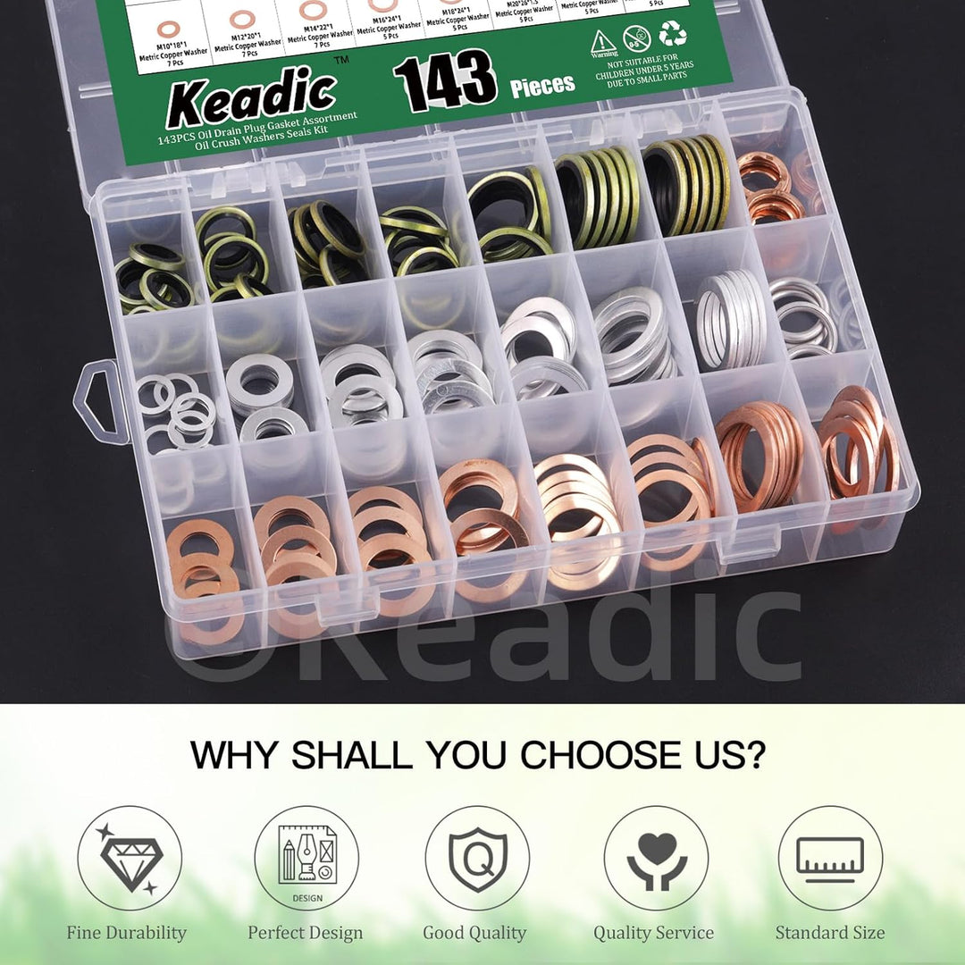 Keadic 143Pcs Ölablassschraube Dichtungen Unterlegscheiben Sortiment Set, 11026-01M02, N0138157 Öl Q