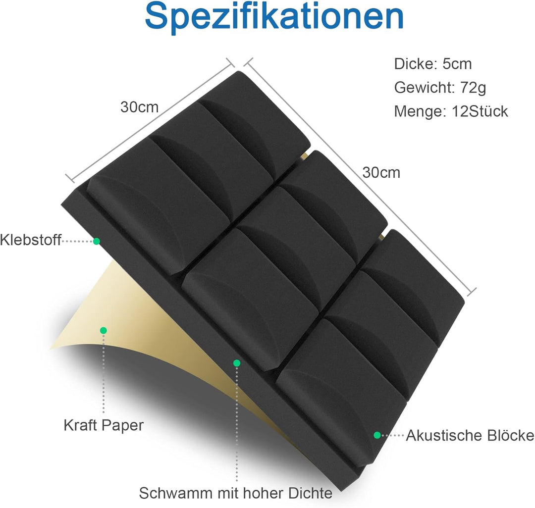 12 Stück Schalldämmung Selbstklebend 25 kg/m3 hochdichter Schallabsorber Akustikschaumstoff Schaumst