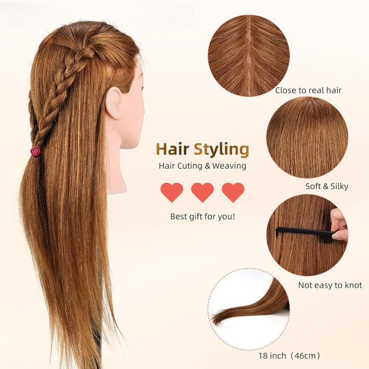 Yofuly 18 Inch Trainingsköpfe für Friseure Übungskopf, 100% Echthaar Kosmetik Schaufensterpuppenkopf