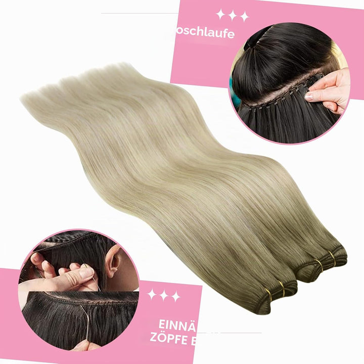 YoungSee Echthaar Tressen zum Einnahen Blond 55cm Tressen Echthaar Aschblond Ombre Blond Haartressen