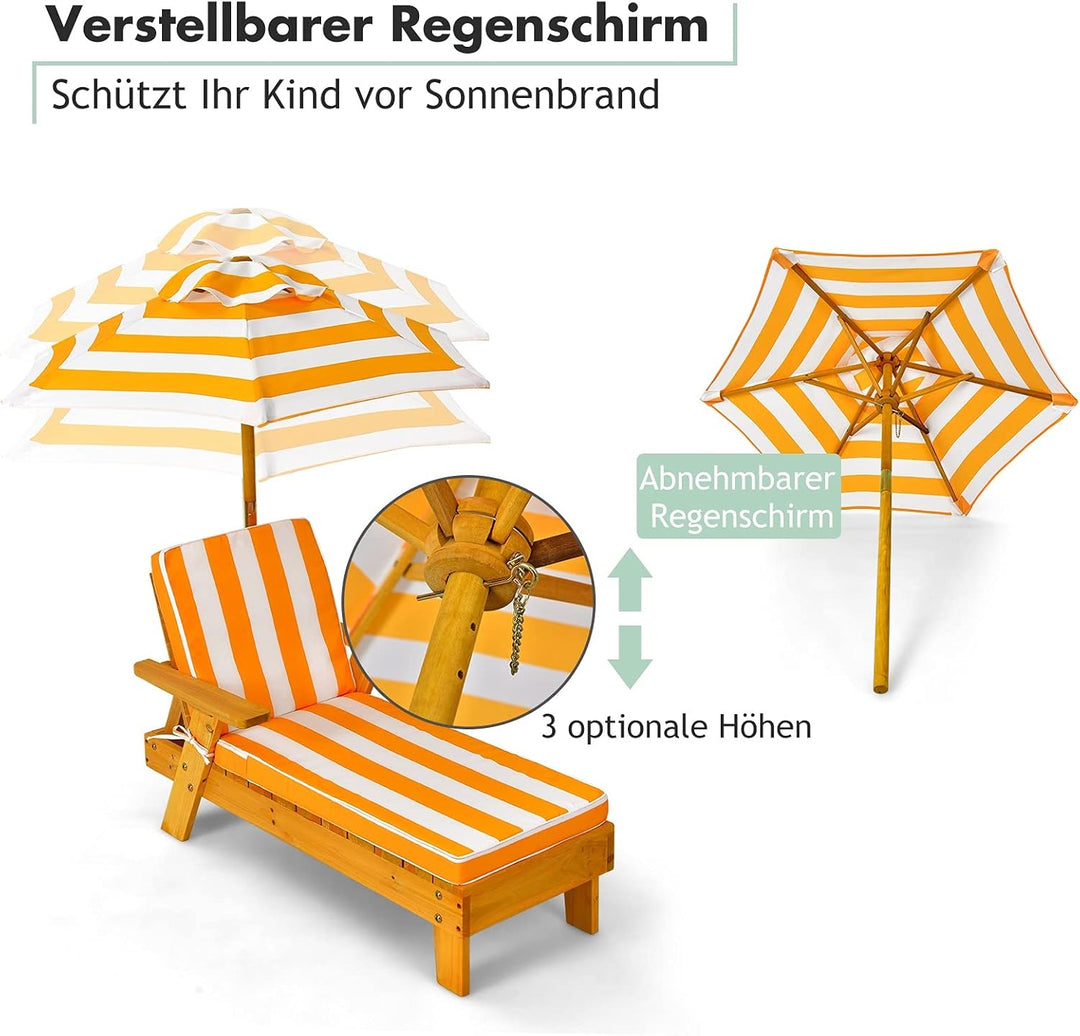 COSTWAY Kinder Sonnenliege mit Sonnenschirm und Auflage, Gartenliege aus Holz, Kinderliege, Holzlieg