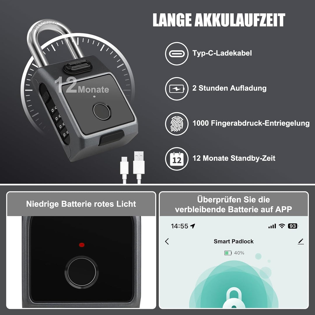 Diyife Fingerabdruck Schloss Zahlenschloss, [3 in 1] Grosses Smart Vorhängeschloss mit APP/Fingerabd