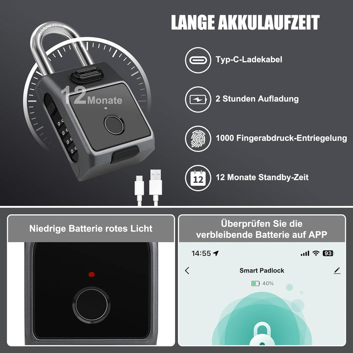 Diyife Fingerabdruck Schloss Zahlenschloss, [3 in 1] Grosses Smart Vorhängeschloss mit APP/Fingerabd