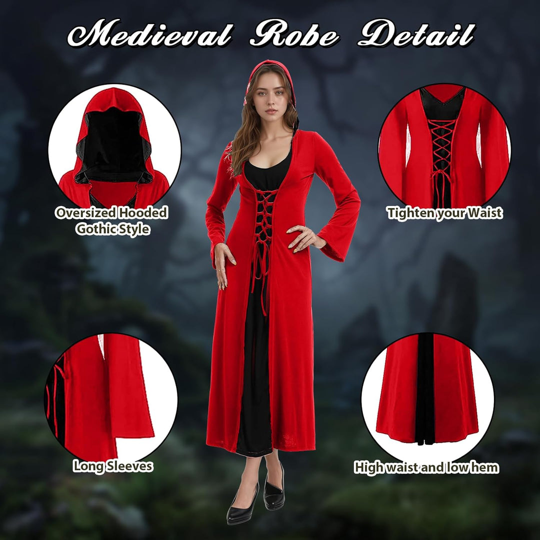 FSUJWOA Frauen Halloween Kostüme für Erwachsene mittelalterlich Kapuze Maxi Kleid für Frauen Mode Ro