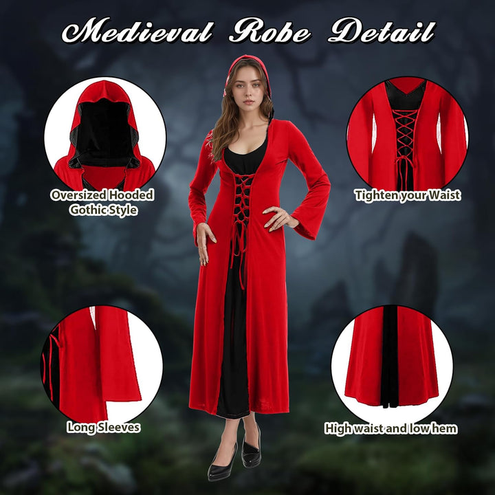 FSUJWOA Frauen Halloween Kostüme für Erwachsene mittelalterlich Kapuze Maxi Kleid für Frauen Mode Ro