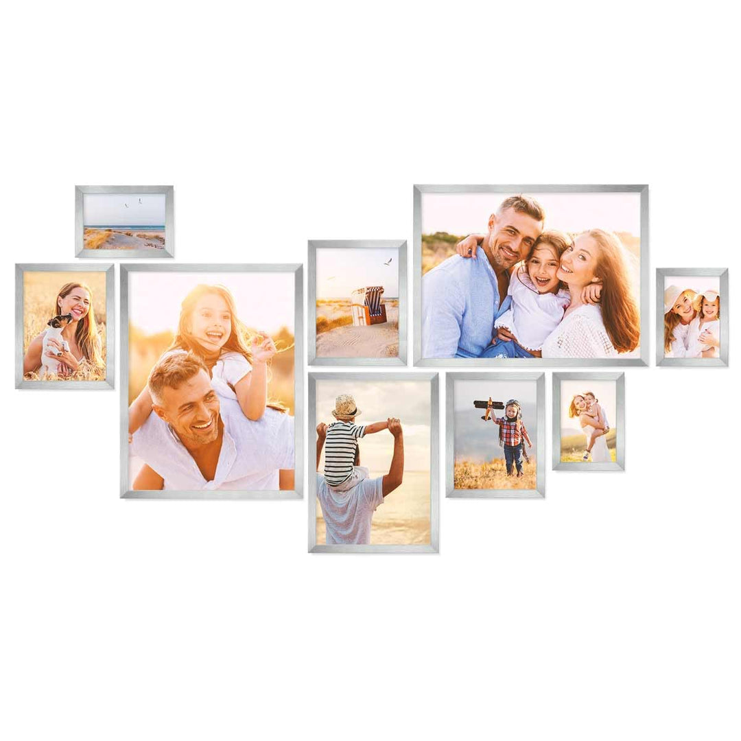 PHOTOLINI silberne Bilderrahmen Set verschiedene Grössen, 9 Bilderrahmen Silber Holz MDF, Bilder Rah