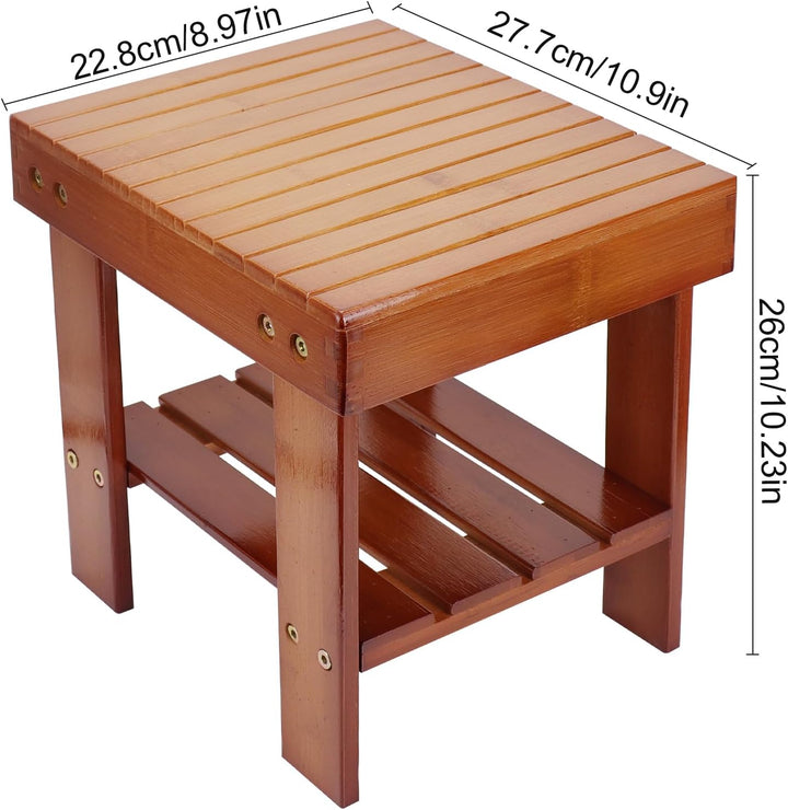 2er Set Bambus Duschhocker, Kleiner Badezimmer Hocker aus Holz mit Ablage, 28 x 23 x 26 cm Natur Bam