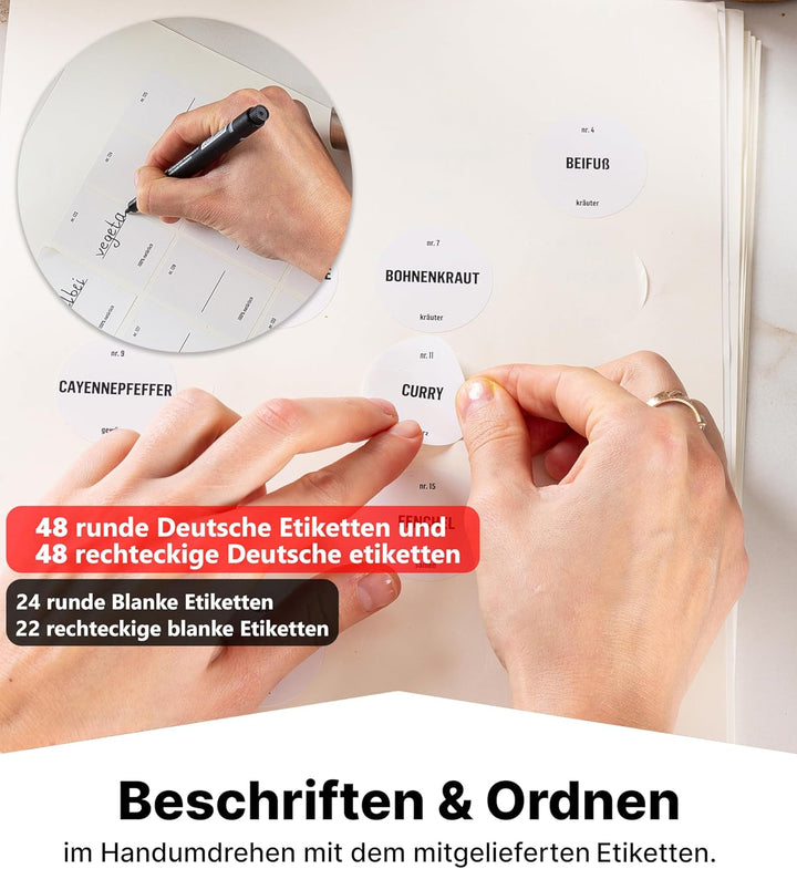 Deco haus® Gewürzgläser eckig luftdicht 12er Set [inkl. Etiketten & Streueinsatz] - Gewürzdosen Set