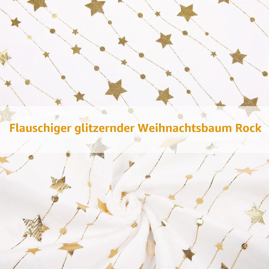 KONVINIT Weihnachtsbaumdecke Rund Weiss Plüsch Christmasbaumdecke mit Sternen Weihnachtsbaum Rock au