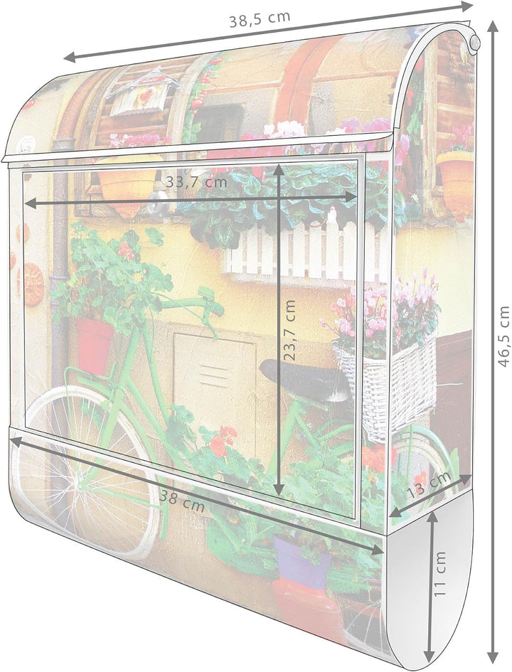 banjado® Design Briefkasten mit Motiv Grünes Fahrrad 39x47x14cm &amp; 2 Schlüssel - Briefkasten Stahl we