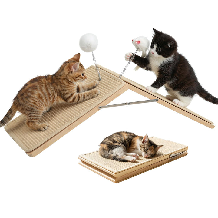 Kratzrampe für Katzen, Sisal Kratzbrett Holzrampe, Faltbares Dreieck Katzenkratzbrett mit 2 Federplü