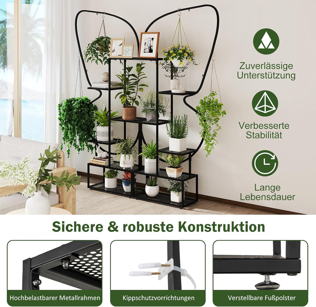 RELAX4LIFE 6-stufiger Pflanzenständer, Schmetterlingsförmiges Metallregal mit 12 Regalböden, 4 Haken