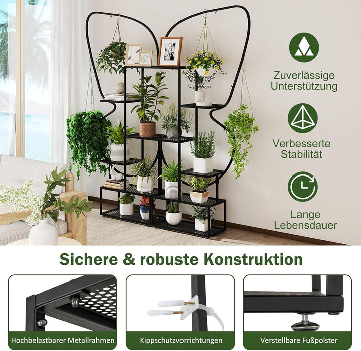 RELAX4LIFE 6-stufiger Pflanzenständer, Schmetterlingsförmiges Metallregal mit 12 Regalböden, 4 Haken