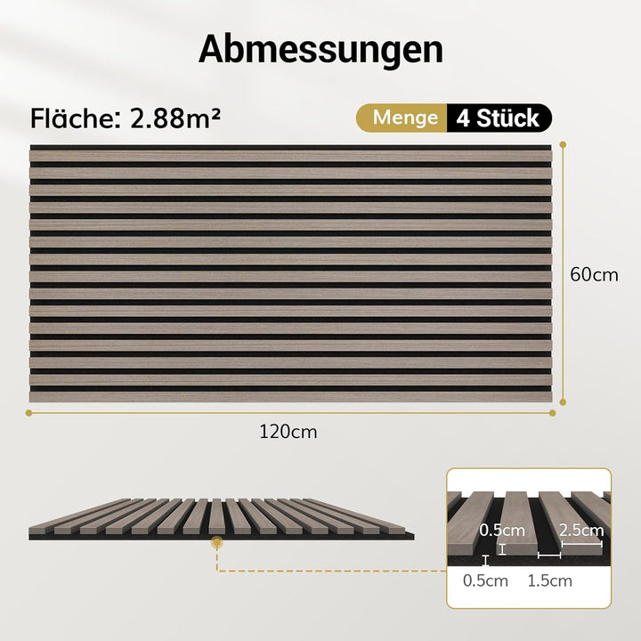 TONOR Akustikpaneele holz, 4 Stück 120x60 cm - 2,88m² Wandpaneele holz Holzpaneele wand als Schallsc