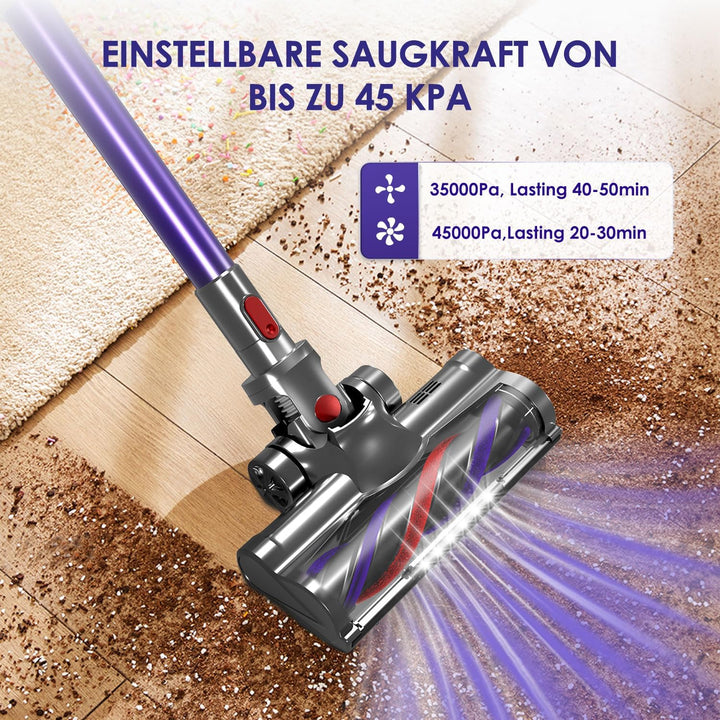 Akku Staubsauger Kabellos, 45000Pa Kabelloser Staubsauger mit Touchscreen, 50Mins, 1.6L, H13 HEPA, A