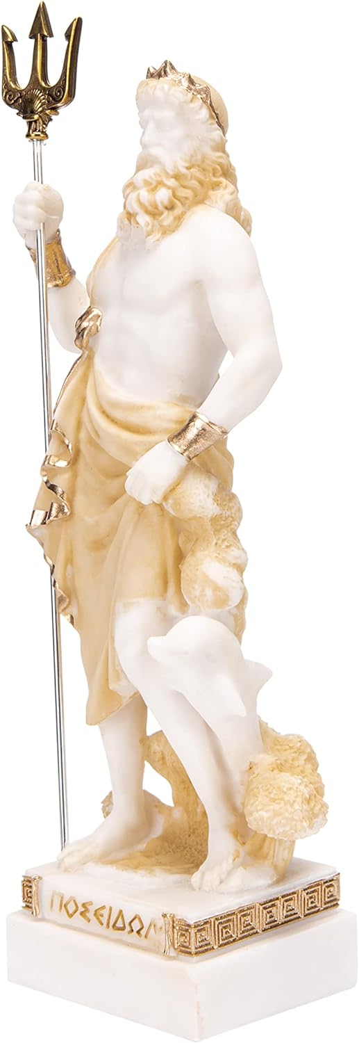 Poseidon Griechischer Gott des Meeres mit Dreizack Statue Figur Gold Alabaster 25,4 cm