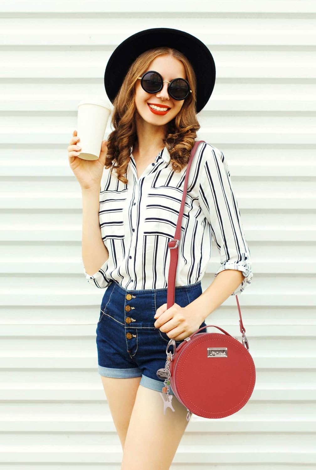 Catwalk Collection Handbags - Damen Runde Leder Umhängetasche - Henkeltasche/Handtasche Klein - Abne