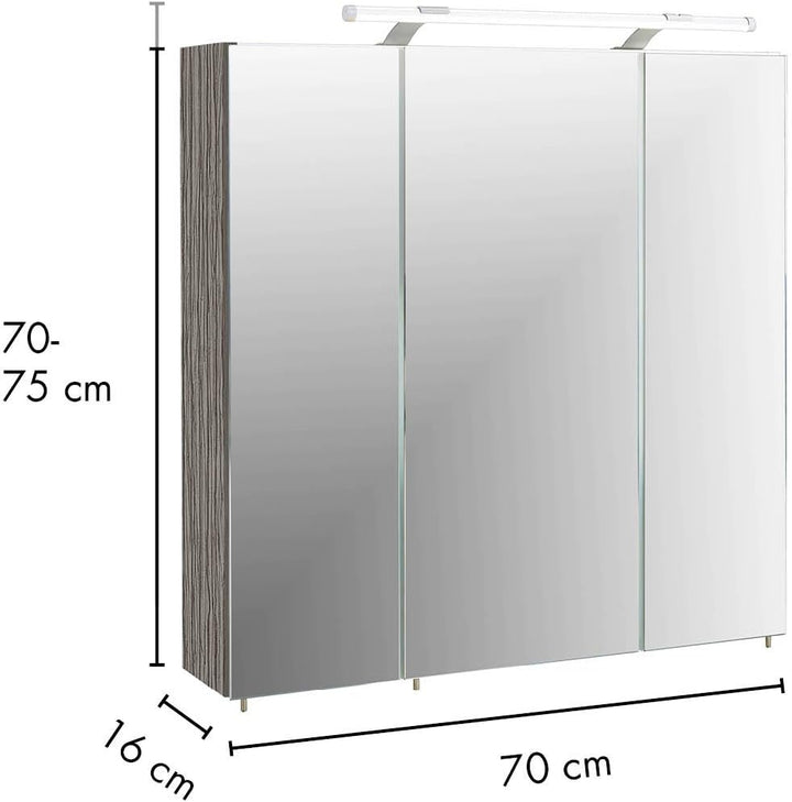 Schildmeyer Spiegelschrank 133076 Trient, 70.0 x 16.0 x 75.0 cm, esche grau Dekor 70 cm Inkl. LED Be