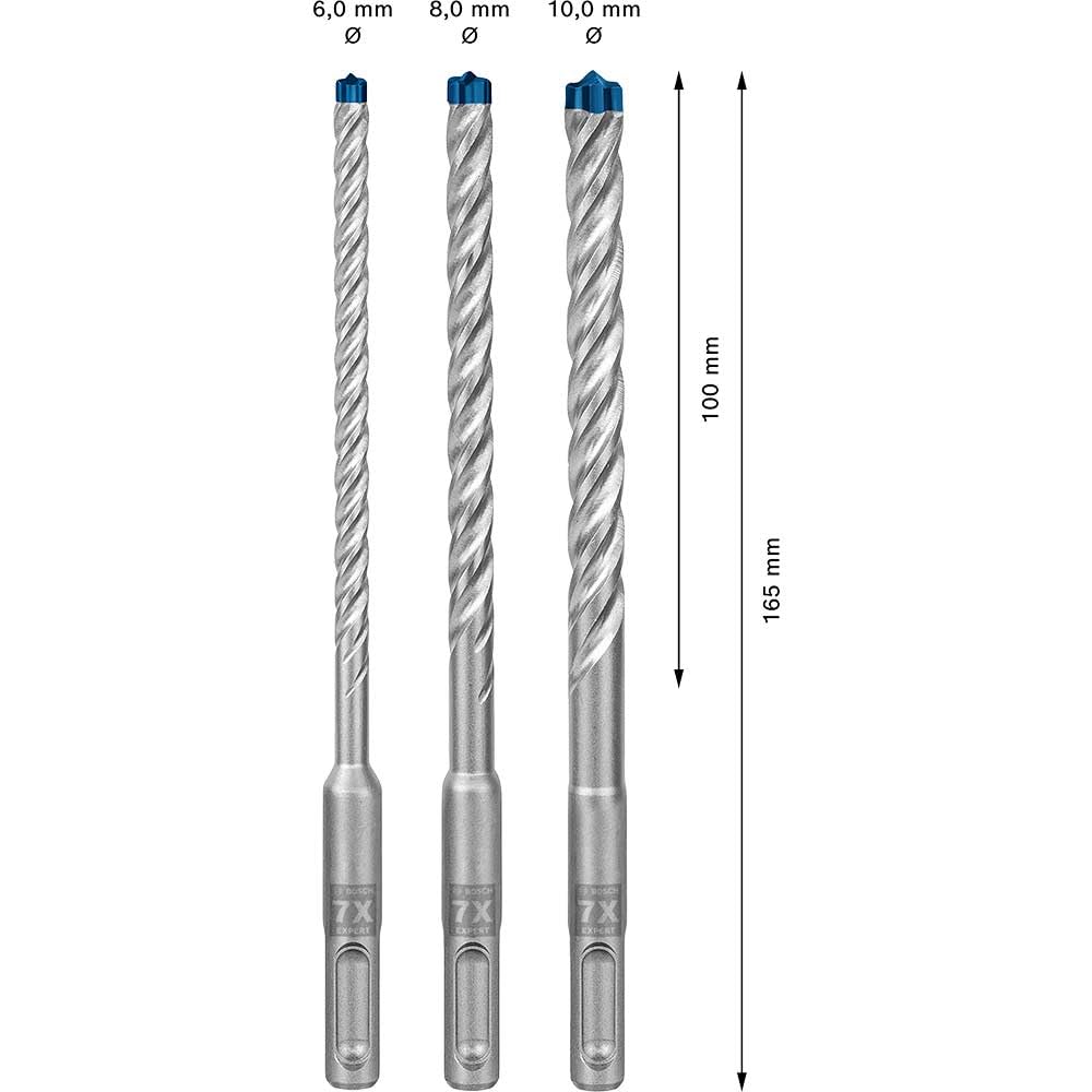 Bosch Accessories EXPERT SDS plus-7X 2608900196 Hammerbohrer 3teilig 6.0 mm, 8.0 mm, 10.0mm SDS-Plus