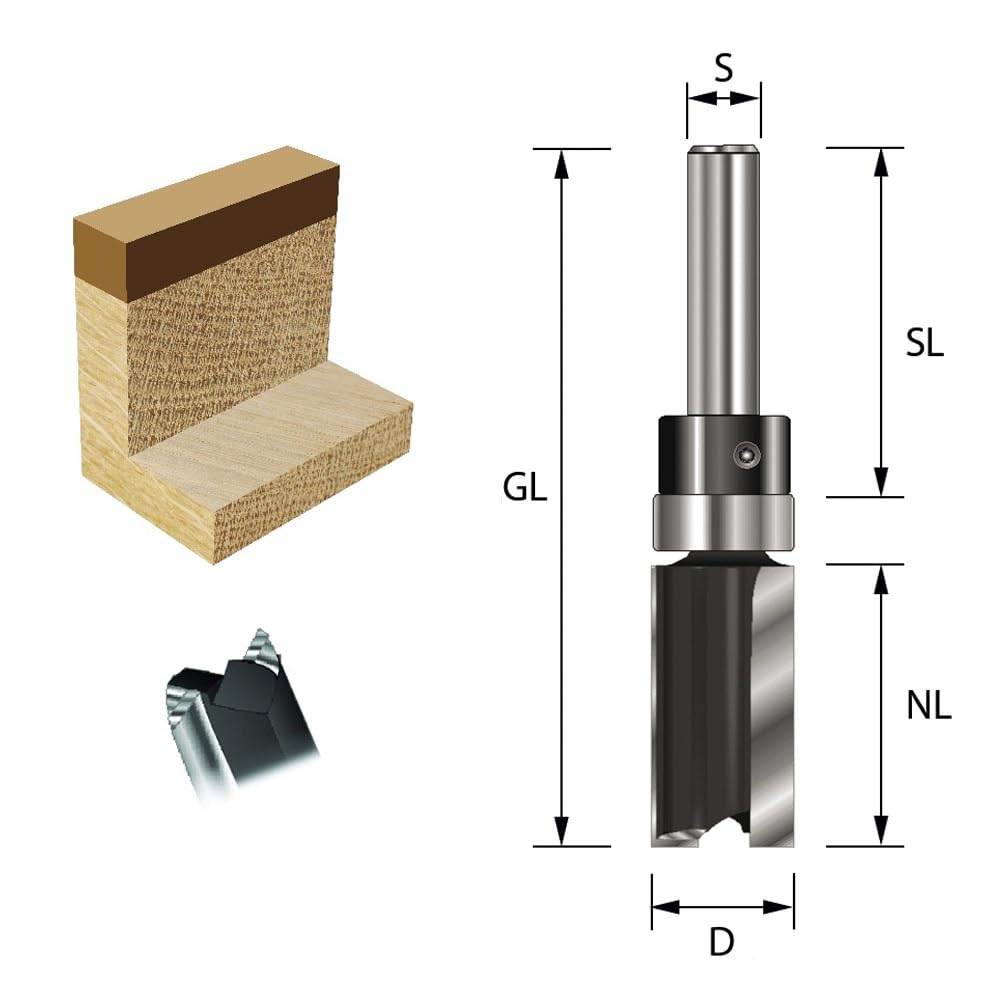 ENT 11660 Bündigfräser HW, Schaft (S) 8 mm, Durchmesser (D) 22 mm, NL 25 mm, SL 32 mm, GL 64 mm, mit