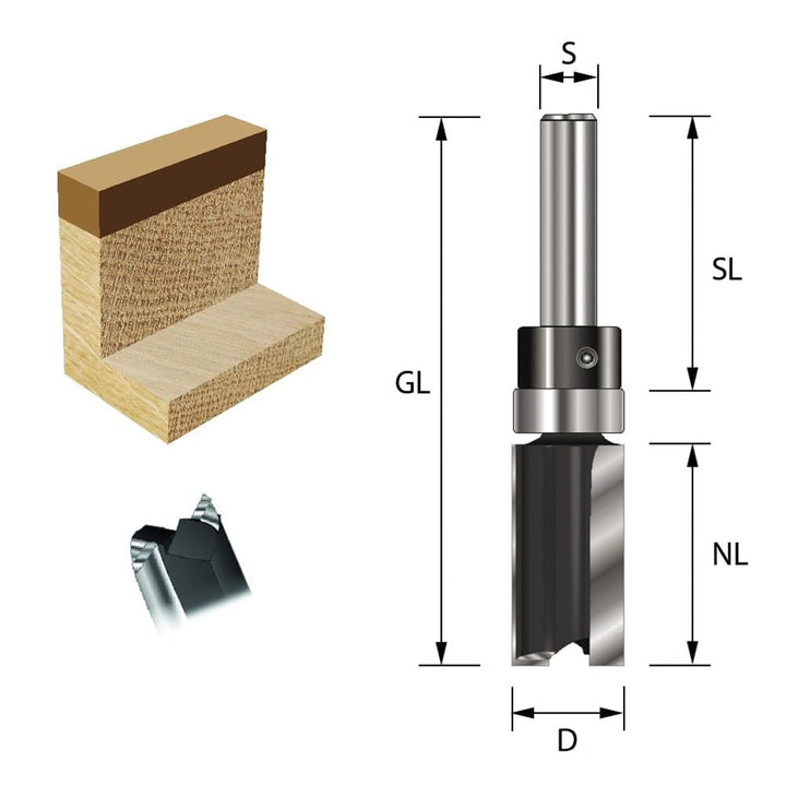 ENT 11654 Bündigfräser HW, Schaft (S) 8 mm, Durchmesser (D) 16 mm, NL 19 mm, SL 32 mm, GL 56 mm, mit