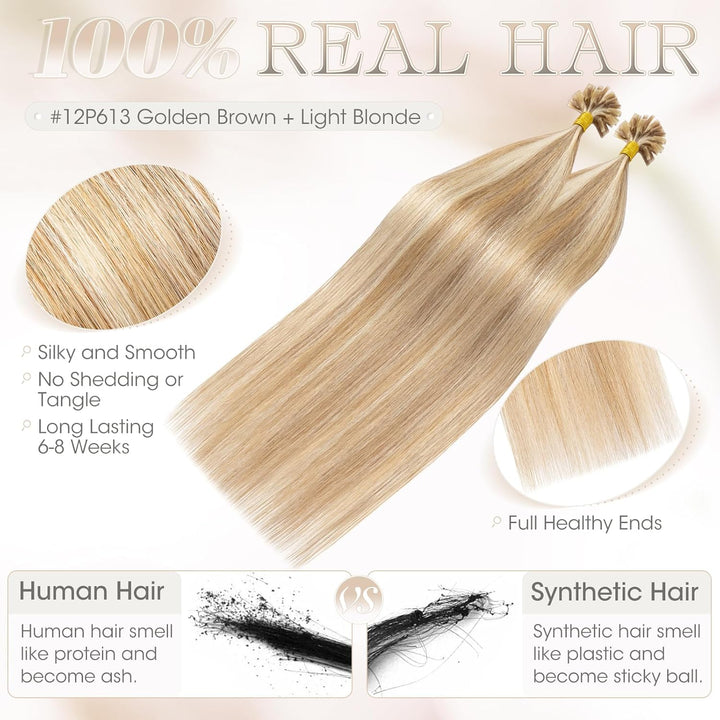 Elailite Echthaar Extensions Bondings 35cm #12P613 Weissbraun/Hellblond, U Tip Hair Extensions Kerat