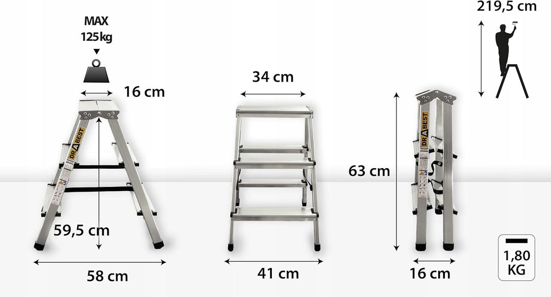 Drabest Aluminium Trittleiter Leiter beidseitig begehbar, 2x3 Stufen, 125kg, 2x3 Stufen
